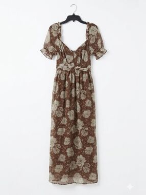 Blu Pepper Brown Floral Puff-Sleeve Maxi Dress~Size Medium~NWT